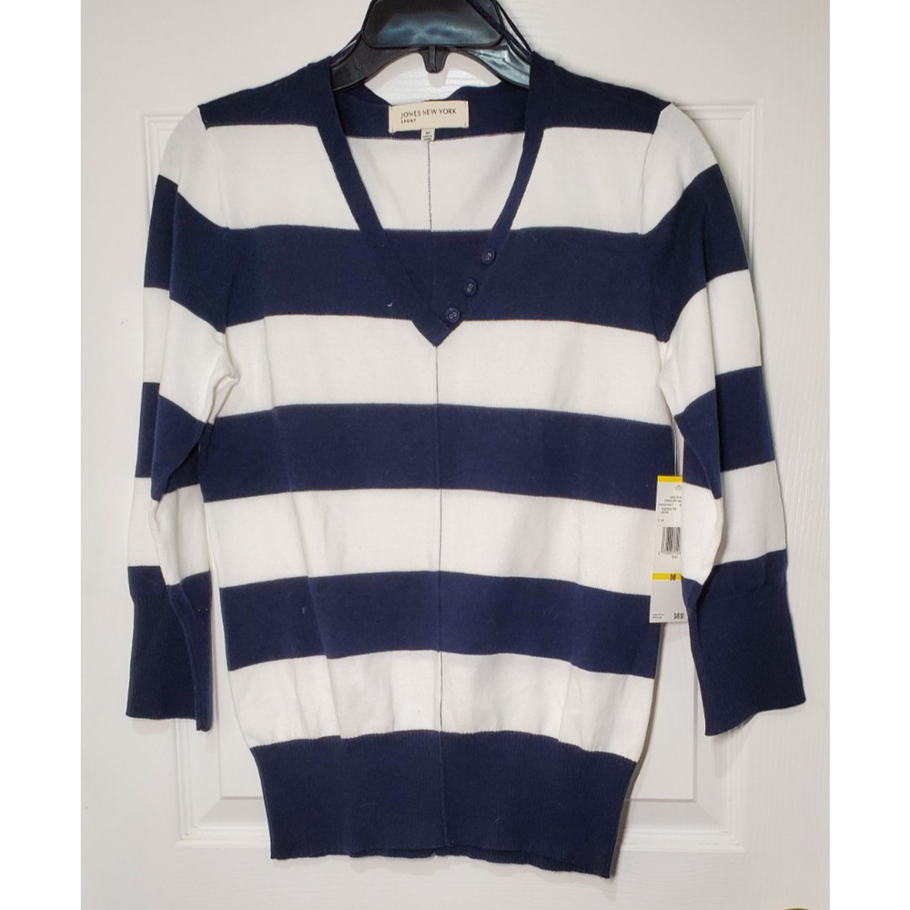 Jones New York Sport Womenโs M Navy White Stripe VโNeck Sweater Pullover NWT